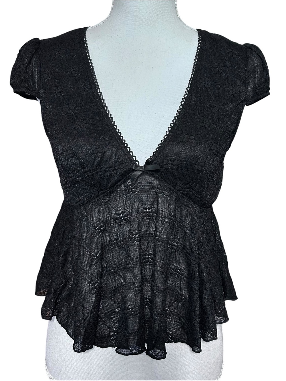 Mary & Mo Womens Lace Babydoll Sheer Top M Black Whimsigoth Preppy 90s Fairy